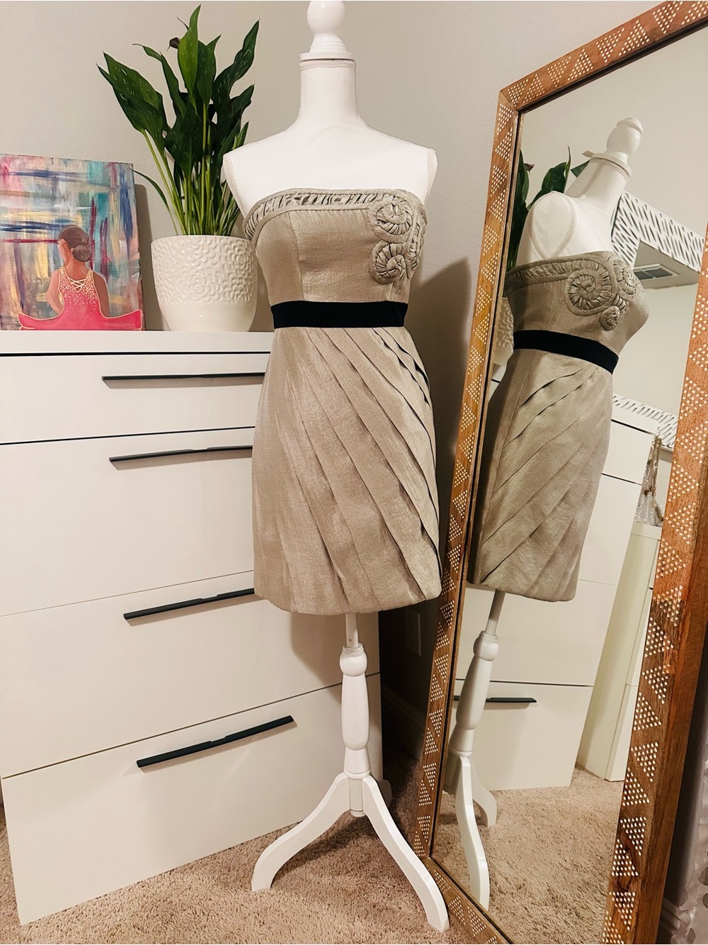 Max & Cleo Strapless Taupe Cocktail Dress with Black Waistband